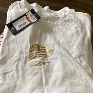 Reebok White Tee with Gold Flag Design